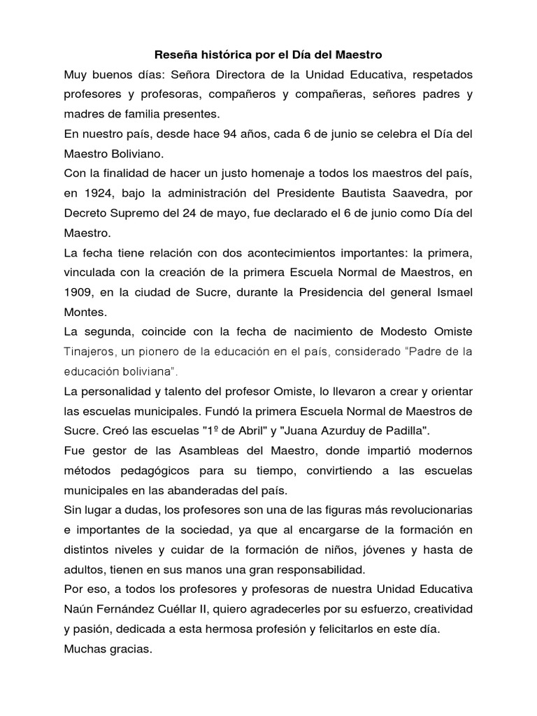 Reseña Histórica Por El Día Del Maestro | PDF