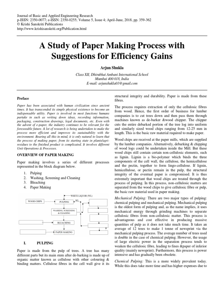 A Study of The Paper Making Process With Suggestions For Efficiency