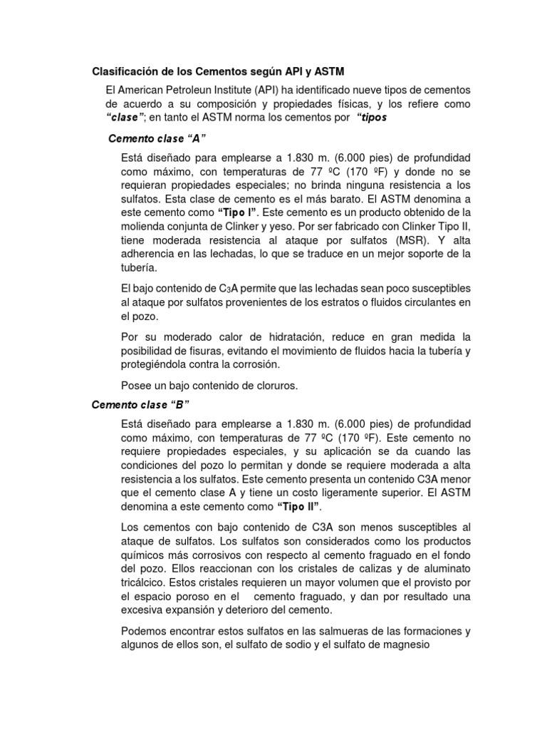 Clasificación de Cementos: API y ASTM | PDF | Cemento | Tubería ...