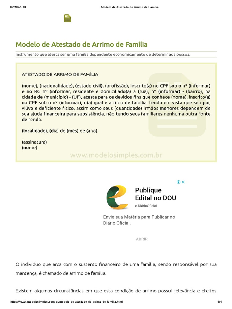 Atestado de Arrimo de Família | PDF | Família