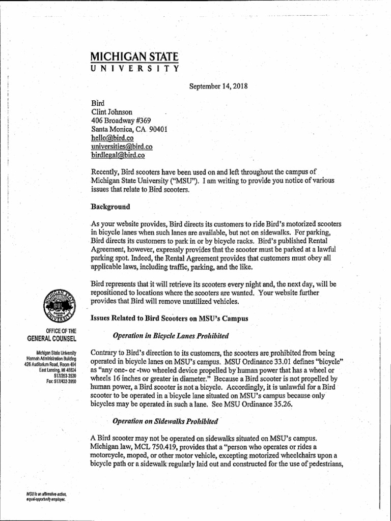 MSU letter to Bird Rides Inc.