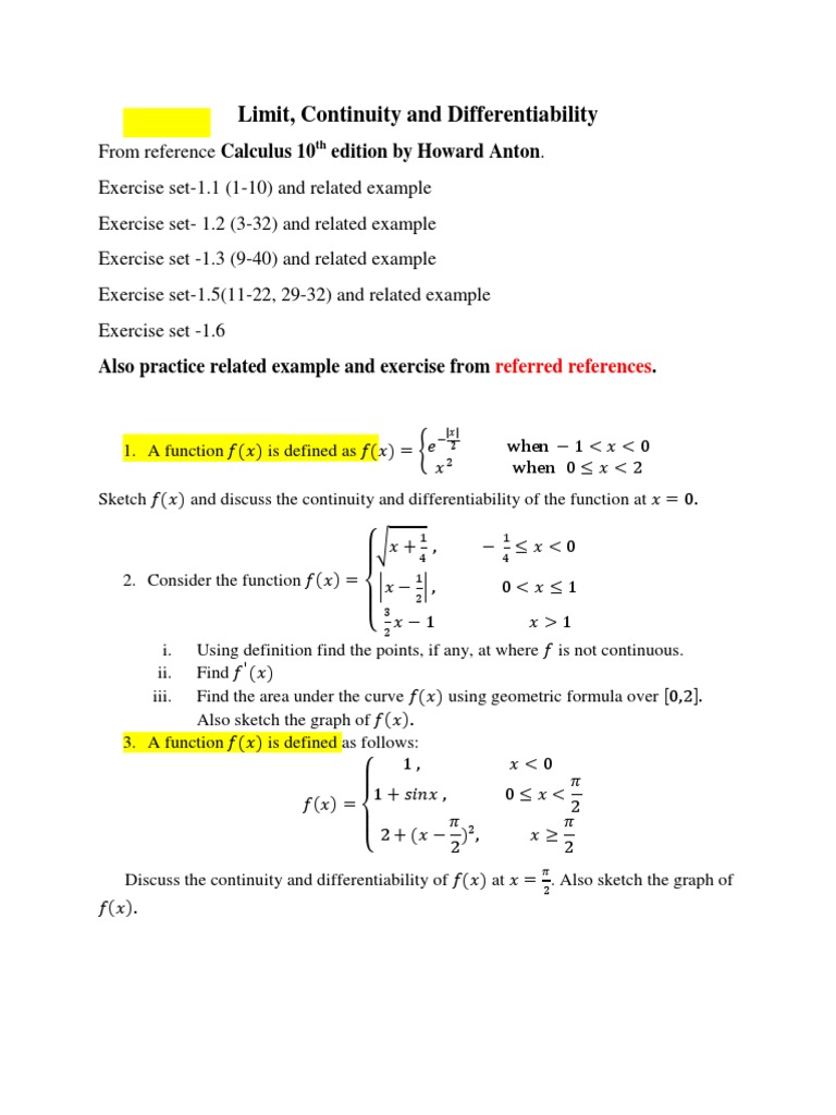 Math 157 Limit Continuity Differentiability Exercise Set 1 Function Mathematics Derivative
