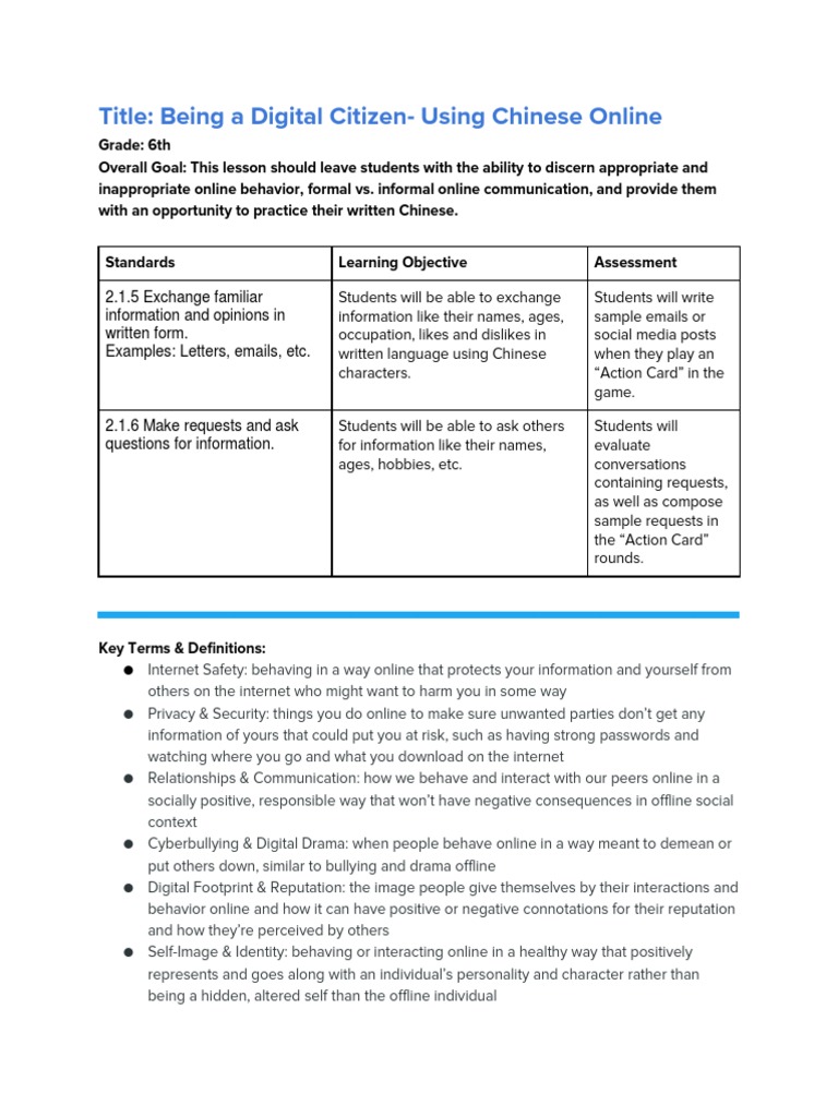 Digital Citizenship Lesson Plan PDF English As A Second Or Foreign Language Online And Offline