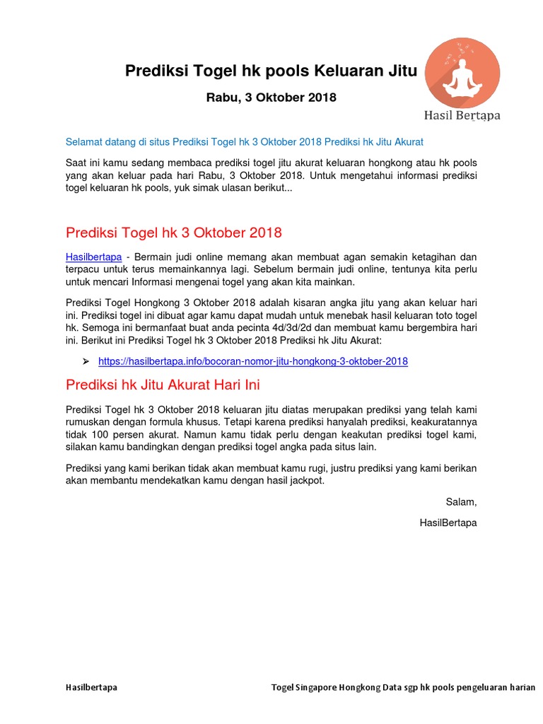 Prediksi Togel Hk 3 Oktober 2018 Prediksi Hk Jitu Akurat Hasilbertapa Pdf
