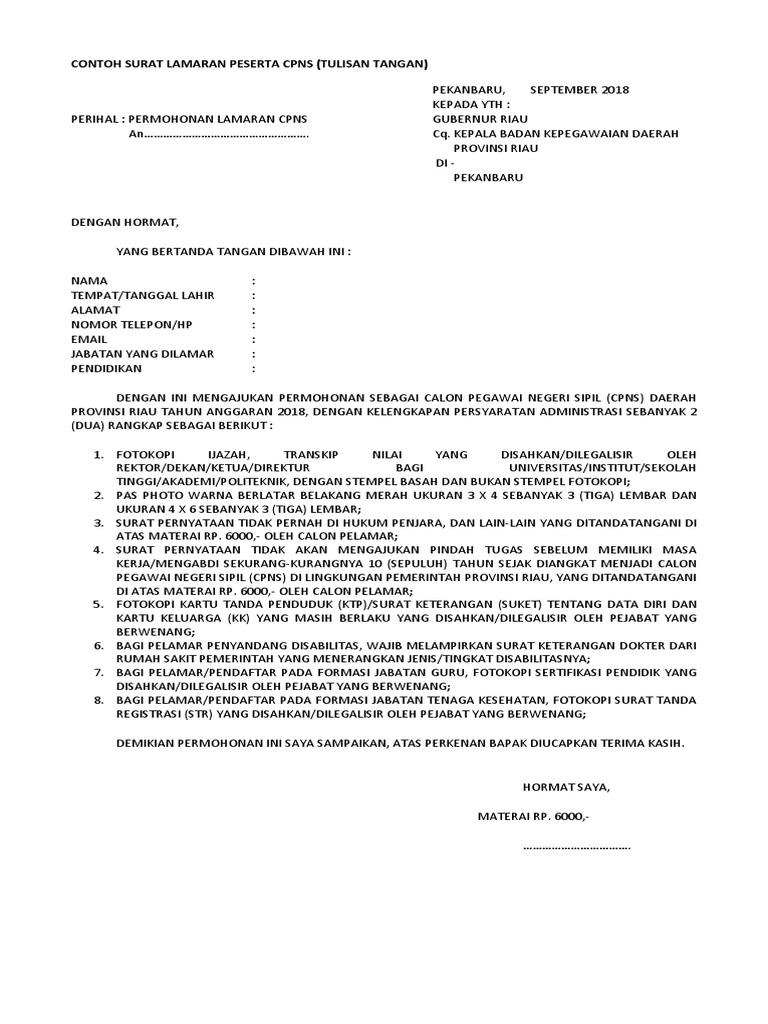 30+ Contoh Surat Lamaran Cpns 2018 Tulis Tangan - Kumpulan ...