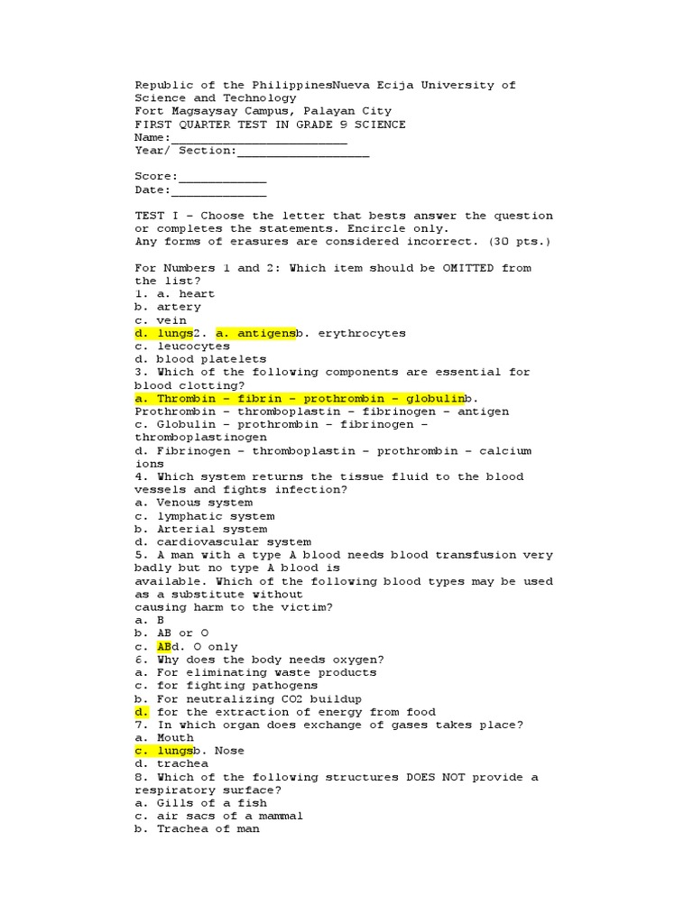 Grade 9 Science First Quarter Test | PDF | Blood | Lung
