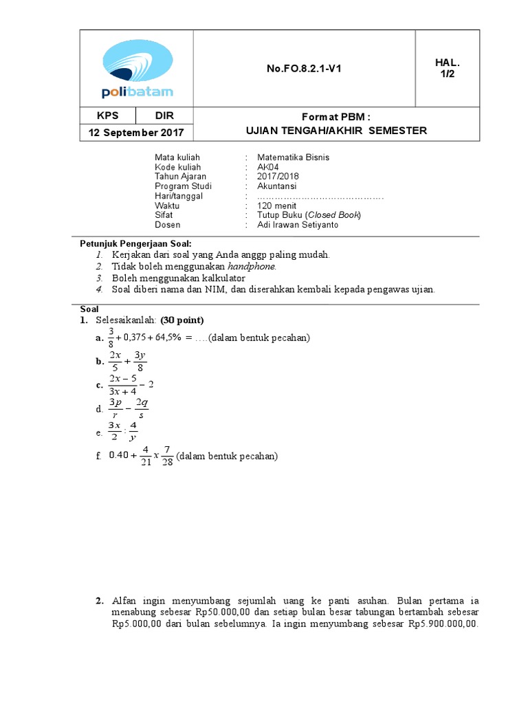 Latihan Soal Uts Matematika Bisnis Doc