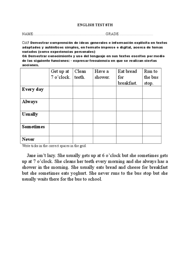8th Grade English Test on Daily Routines | PDF | Language Arts ...