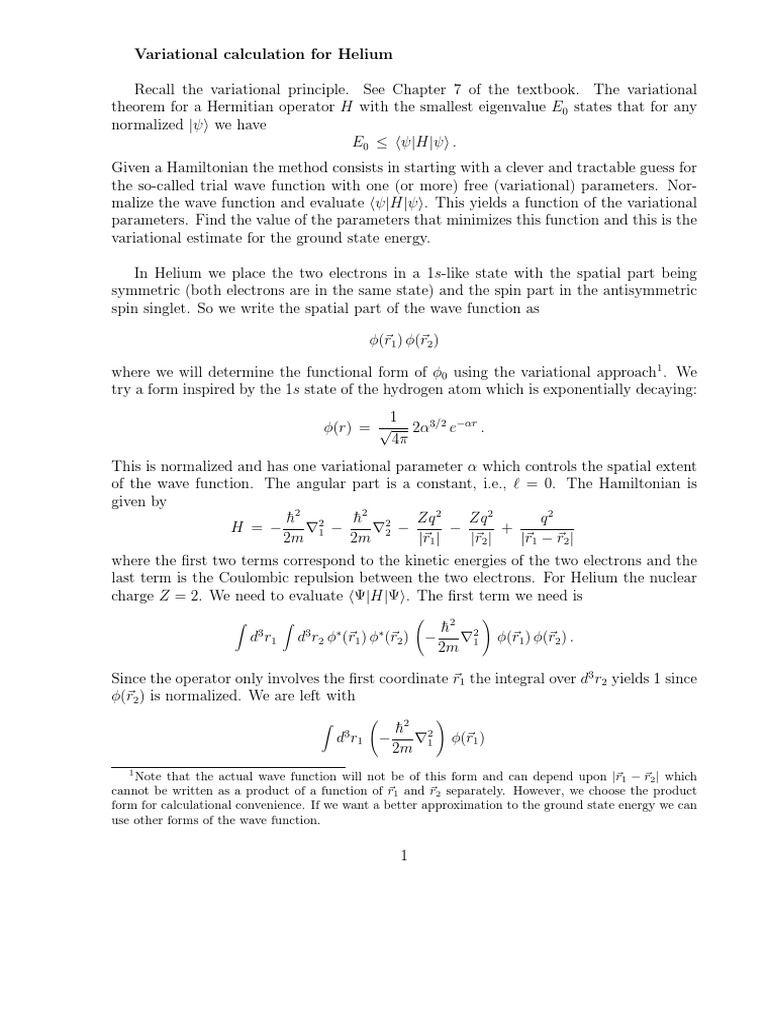 Variational calculation for Helium atom | PDF | Calculus Of Variations ...