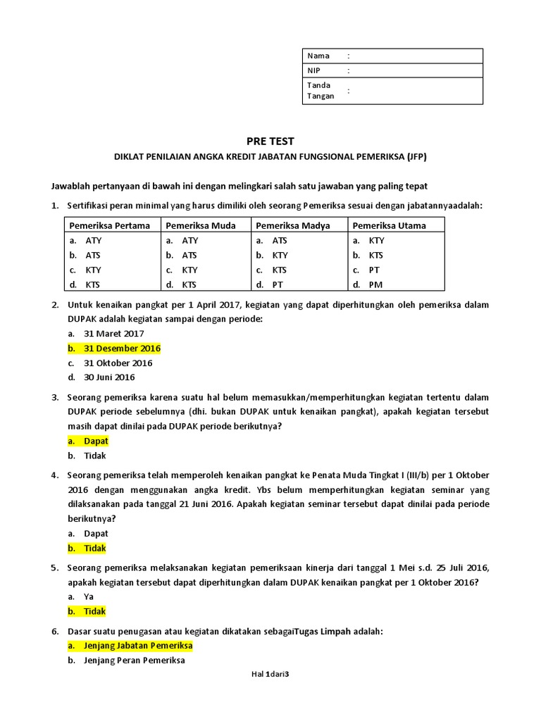 Pre Test Penilaian Angka Kredit JFP | PDF
