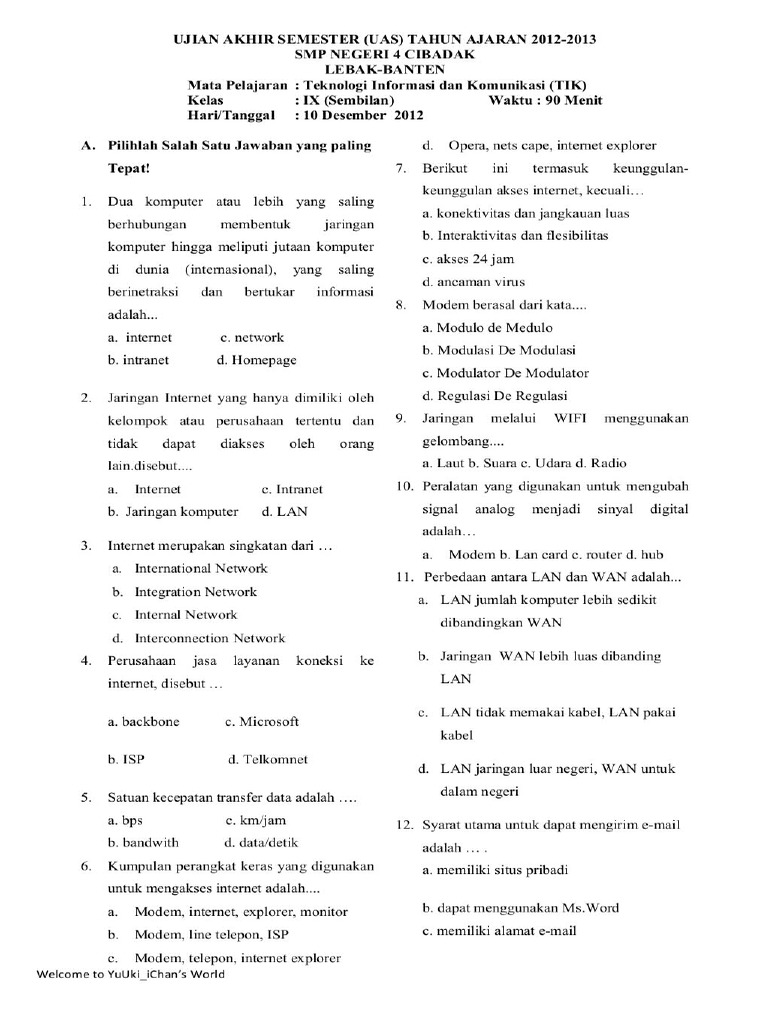 Soal Uas Tik Kelas Ix Semester I Pdf