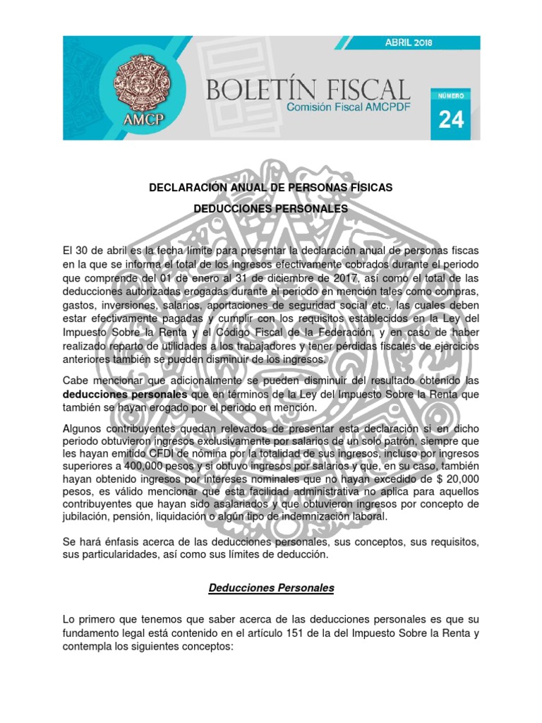 Deducciones Personales en Declaración Anual | PDF | Impuesto sobre la ...
