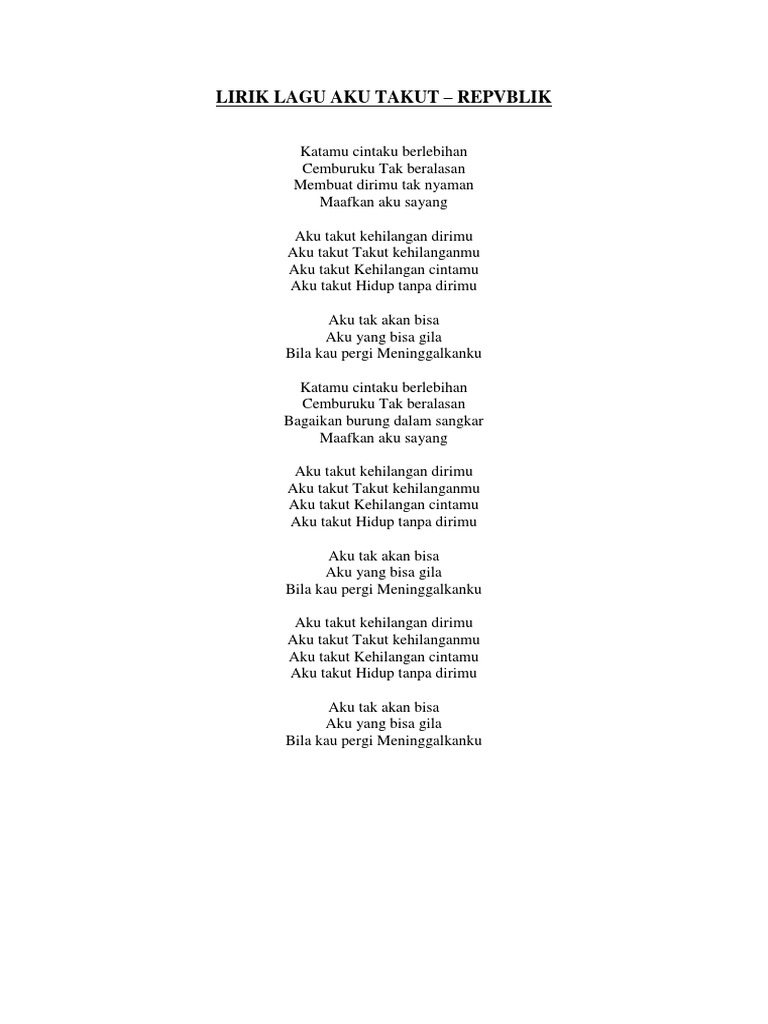 Lirik Lagu Aku Takut Pdf