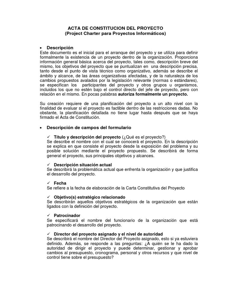 Acta de Constitucion Del Proyecto | PDF | Presupuesto | Planificación