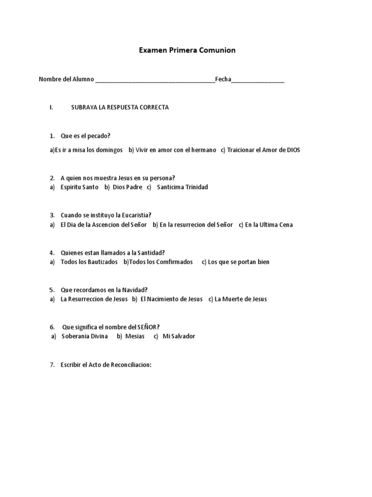 Examen Primera Comunion PDF