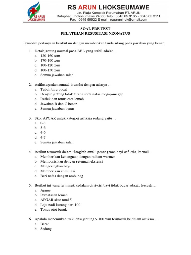Soal Pre Test Pelatihan Resusitasi