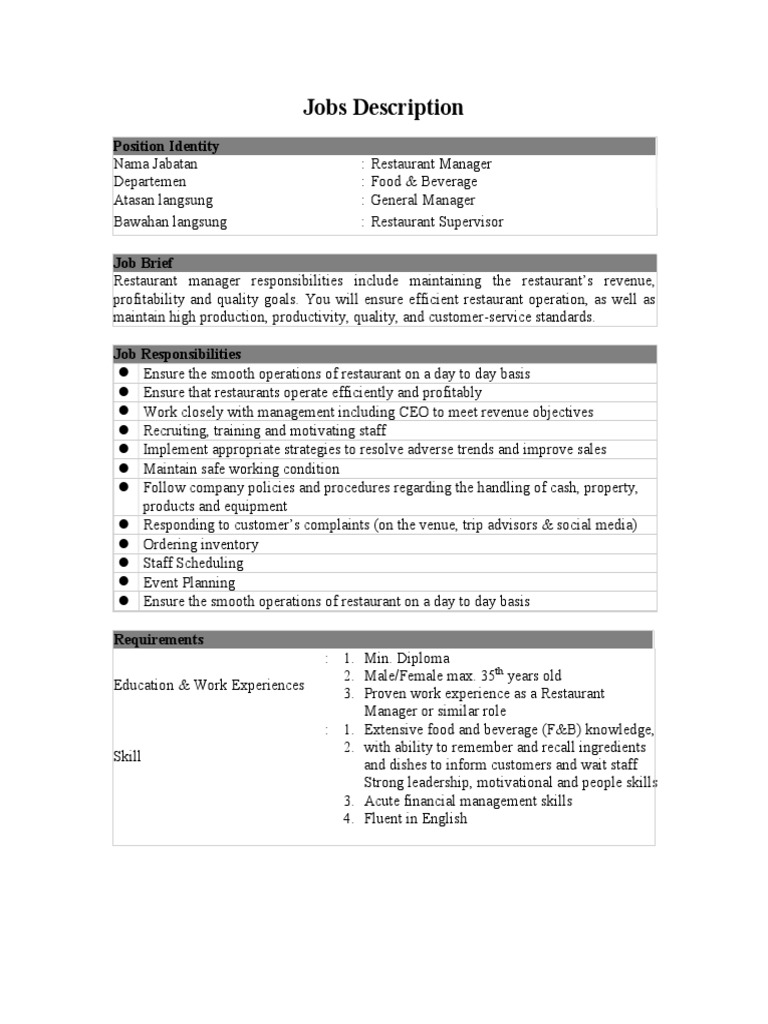 Job Description Restaurant Manager PDF PDF