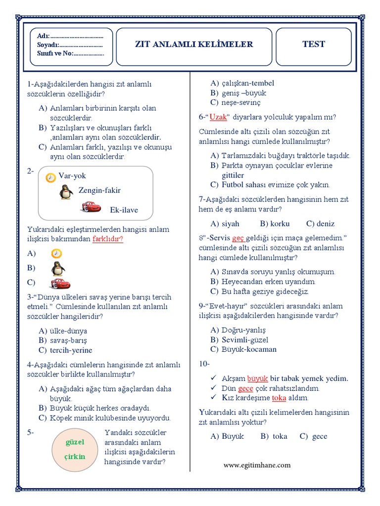 Turkce Zit Anlamli Kelimeler Konu Testi