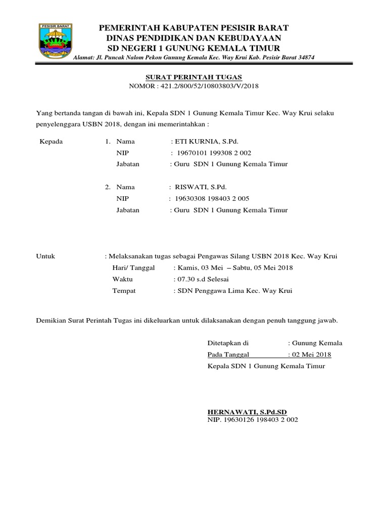 Surat Tugas Pengawas Ujian Sekolah Sd