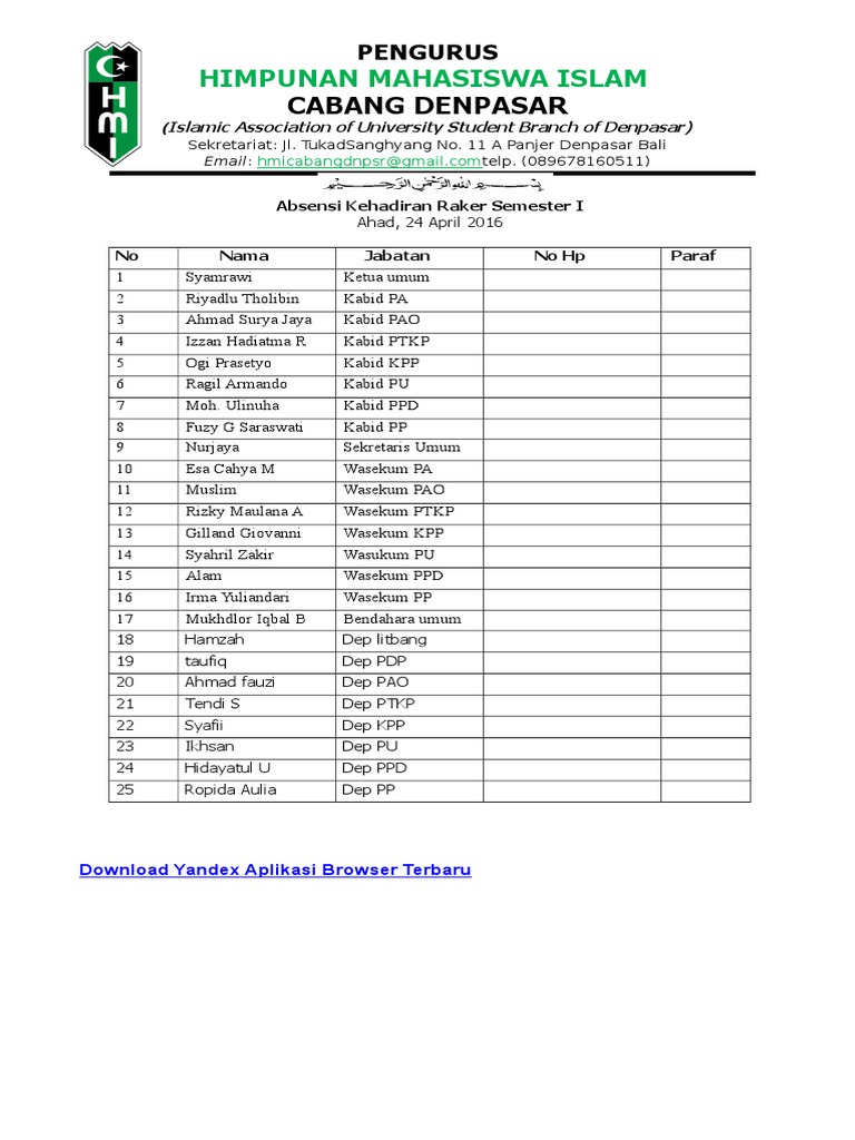 Contoh Absensi Raker HMI Denpasar | PDF
