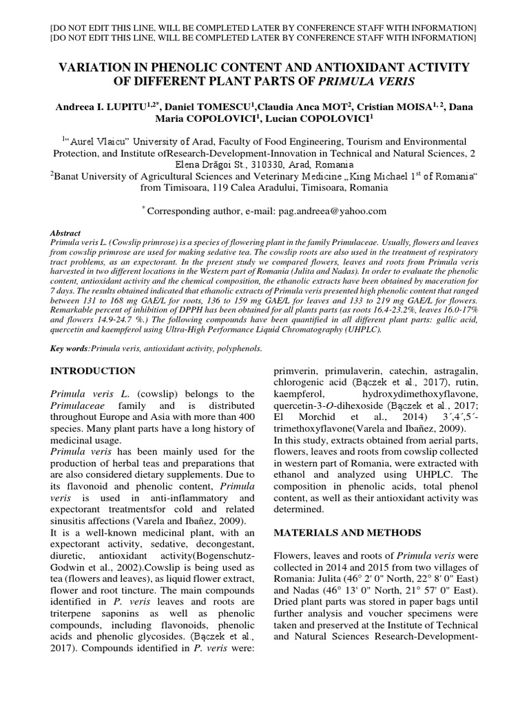 Primula Veris: Phenolic Content & Antioxidant Study | PDF | Phenols ...