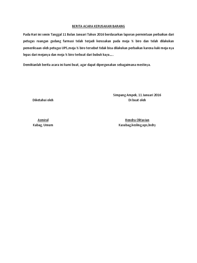 Berita Acara Kerusakan Barang | PDF