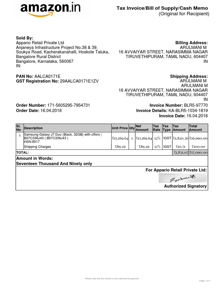 Invoice for the sale of a Samsung Galaxy J7 Duo smartphone from Appario