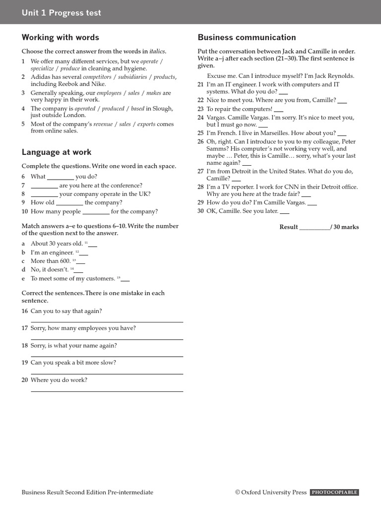 Business Result Pre Intermediate Progress Test Unit 1 Pdf Communication