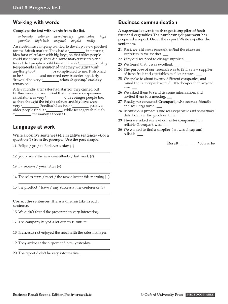 BR2e Pre-Intermediate Unit3 Progress Test | PDF | Communication | Business