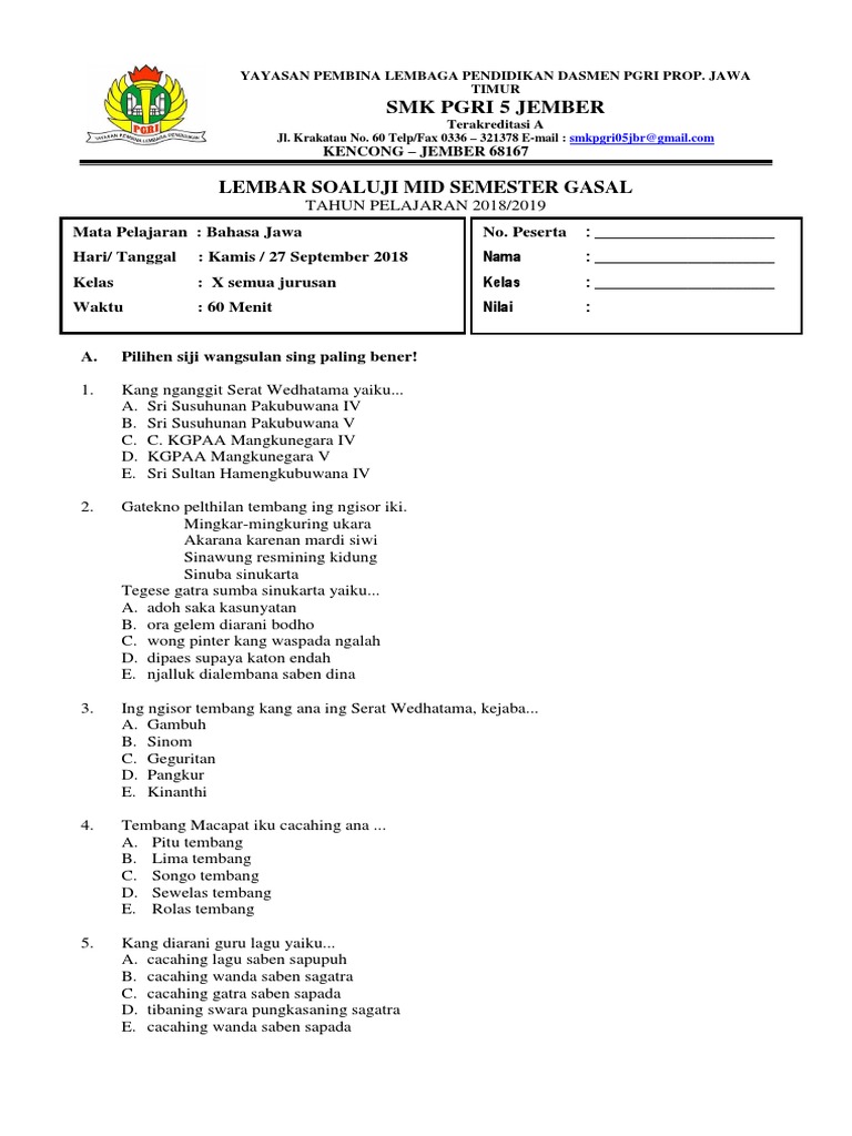 Soal Uts Bahasa Jawa Tembang Pangkur Kelas X Semester 1