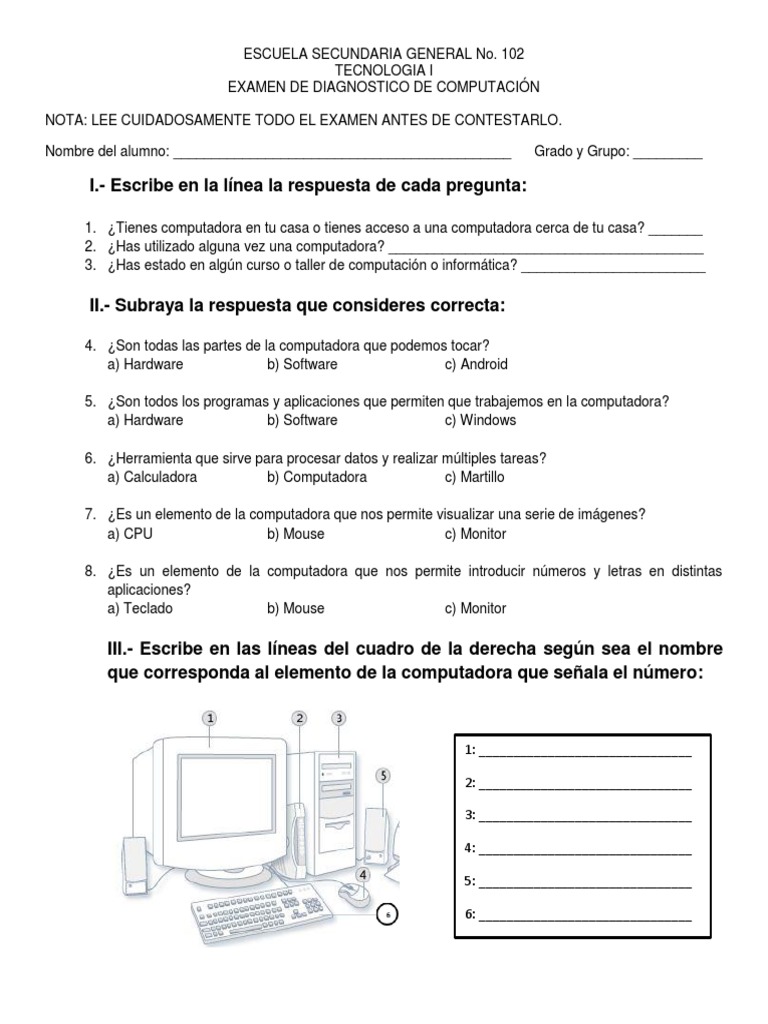 Examen Diagnóstico de Tecnología I | PDF | Hardware de la computadora ...