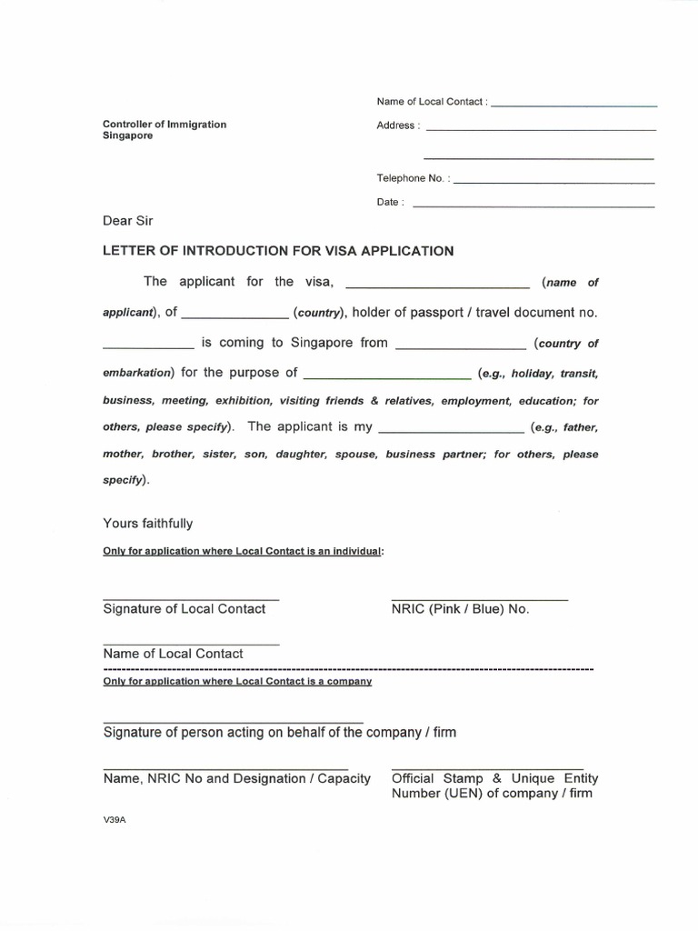 Singapore Visa Introduction Letter Template | PDF