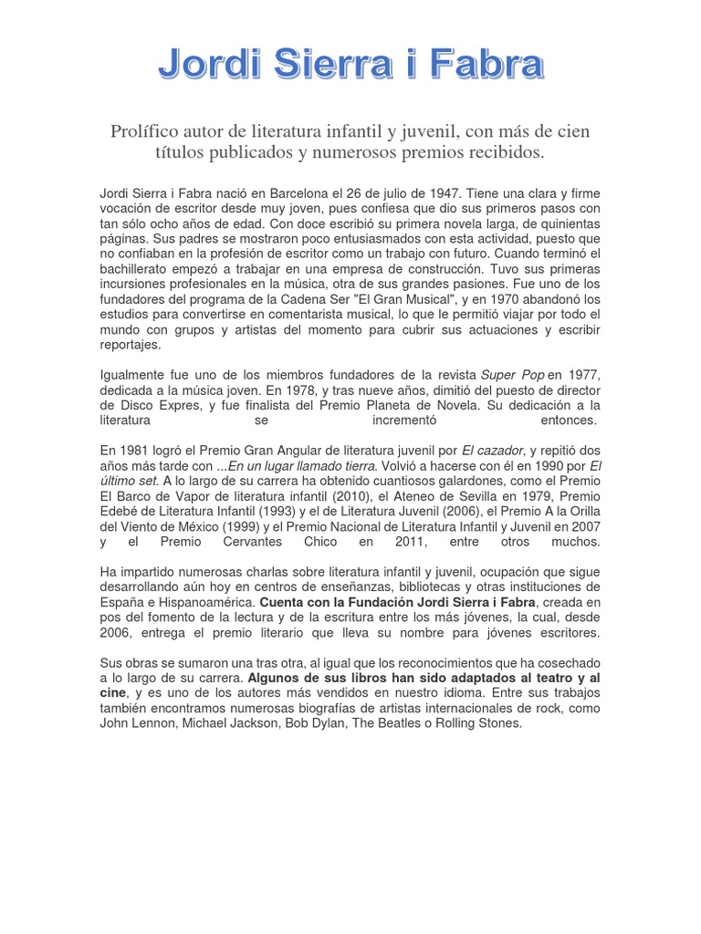 Jordi Sierra I Fabra Biografia Pdf Literatura Infantil Teatro