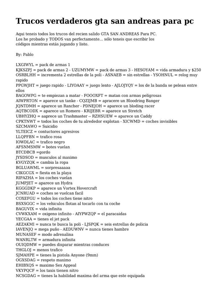 Trucos de GTA San Andreas para PC | PDF