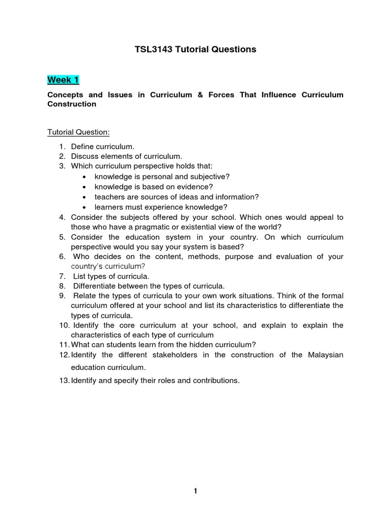 TSL3143 Tutorial Questions Wk1to15 | PDF | Curriculum | Design