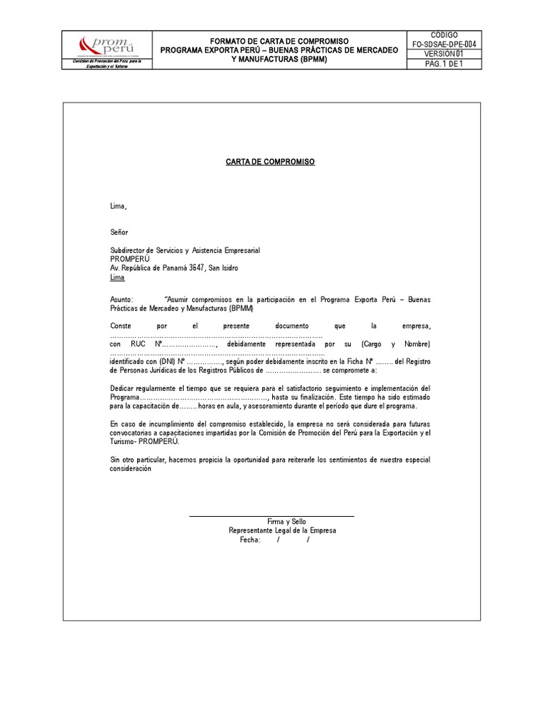 Fo-Sdsae-Dpe-004 - Carta de Compromiso Version Final | PDF | Perú ...