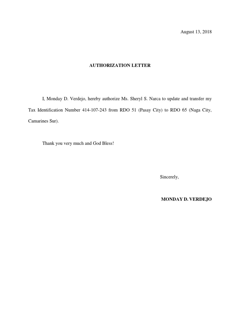 Tax ID Transfer to RDO Naga City | PDF
