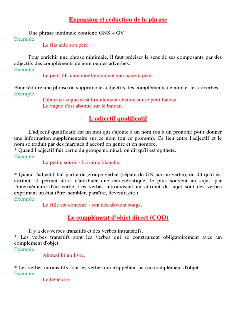 Les Expansions Du Nom Exercices Corrigés Cm2 Pdf Expansion Et Réduction de La Phrase | PDF | Genre grammatical | Nom  (grammaire)