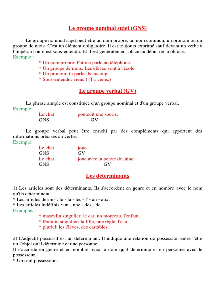 Exercices Groupe Nominal 6ème Pdf Le Groupe Nominal Sujet (GNS) | PDF | Genre grammatical | Question