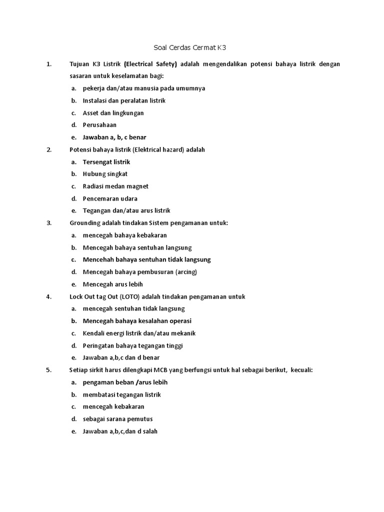 Kumpulan Contoh Soal K3 Listrik Beserta Jawabannya