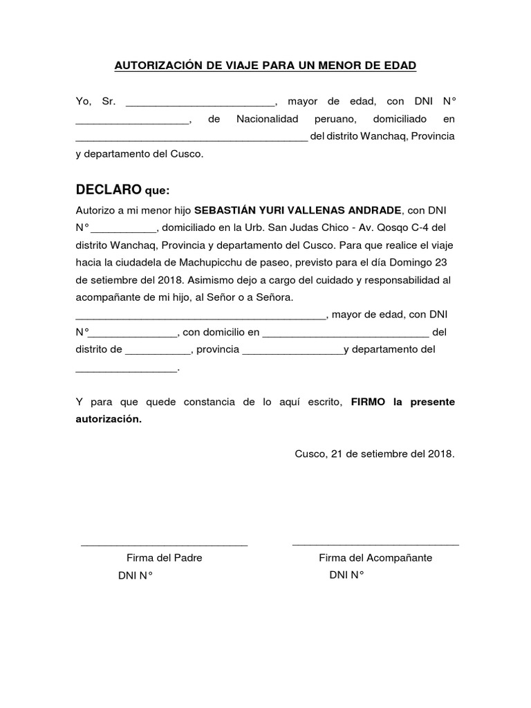 Autorización de Viaje para Menores en Perú | PDF