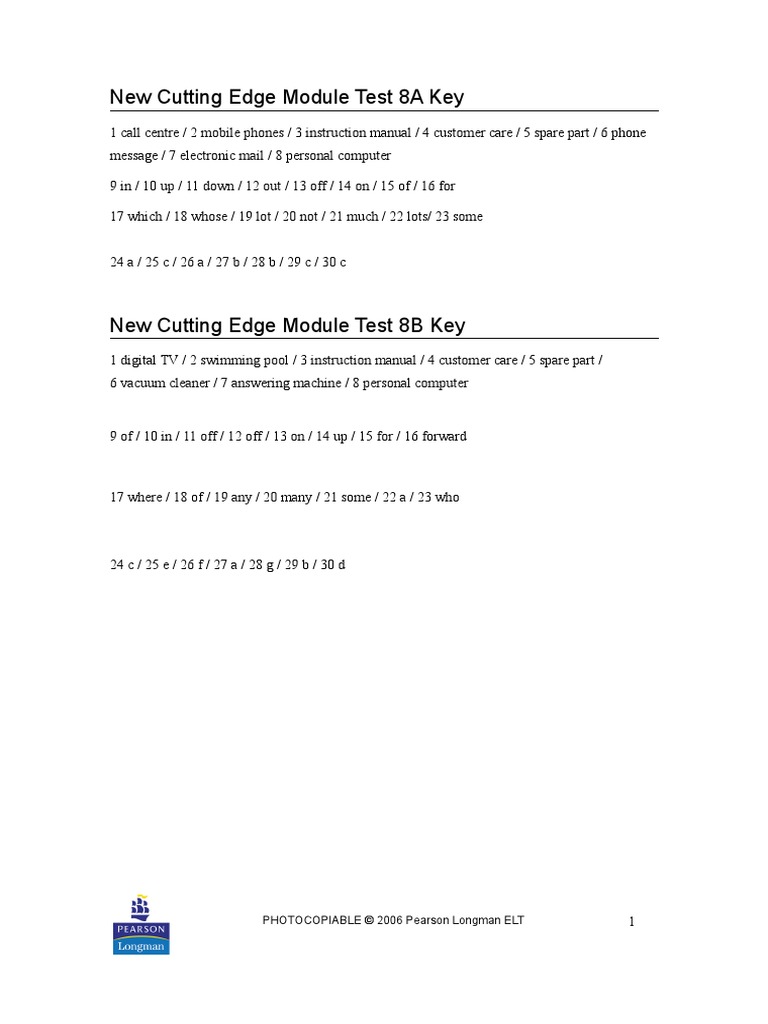 New Cutting Edge Module Test 8A Key PHOTOCOPIABLE © 2006 Pearson