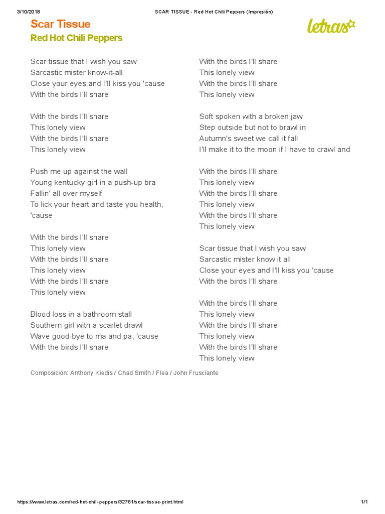 SCAR TISSUE - Red Hot Chili Peppers (Impresión) | PDF | American Musical  Groups | Rock Music, image size:768x1024