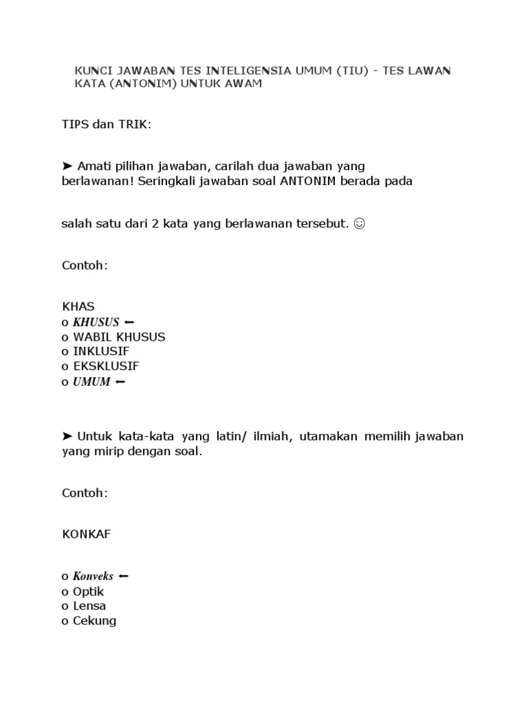 Kunci Jawaban Tes Tiu Lawan Kata