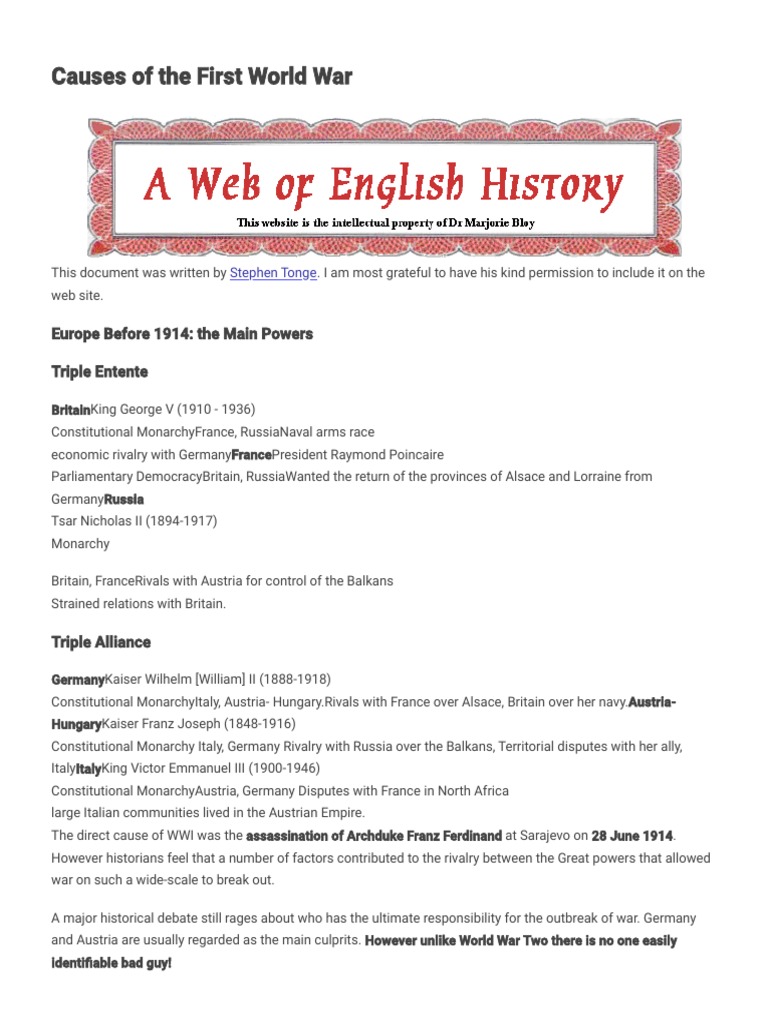 Causes of The First World War PDF | PDF | Austria Hungary | Allies Of ...