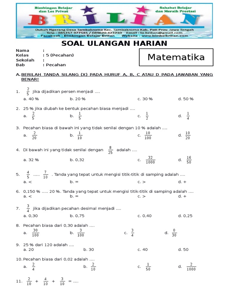 Contoh Latihan Soal: Soal Uts Matematika Kelas 5 Semester 1 Bab Pecahan
