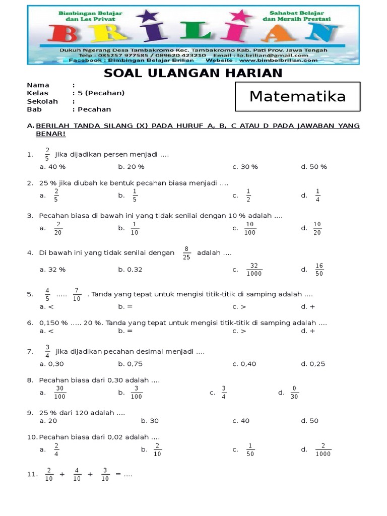 Soal Matematika Kelas 5 SD Bab 6 Pecahan Dan Kunci Jawaban Soal Matematika Kelas 5 SD Bab 6 Pecahan Dan Kunci Jawaban