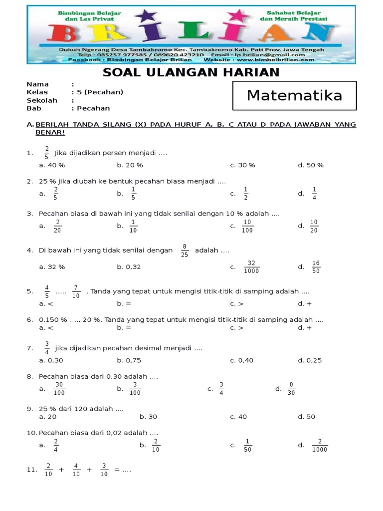  Soal Matematika Kelas 5  SD Bab 6 Pecahan Dan Kunci Jawaban 