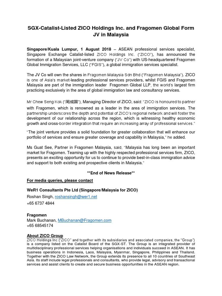 SGXCatalistListed ZICO Holdings Inc. and Fragomen Global Form JV in Malaysia PDF