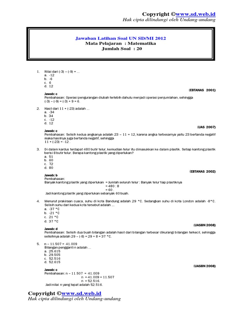 Riffrizz Com Latihan Un Sd 2012 Matematika Kunci